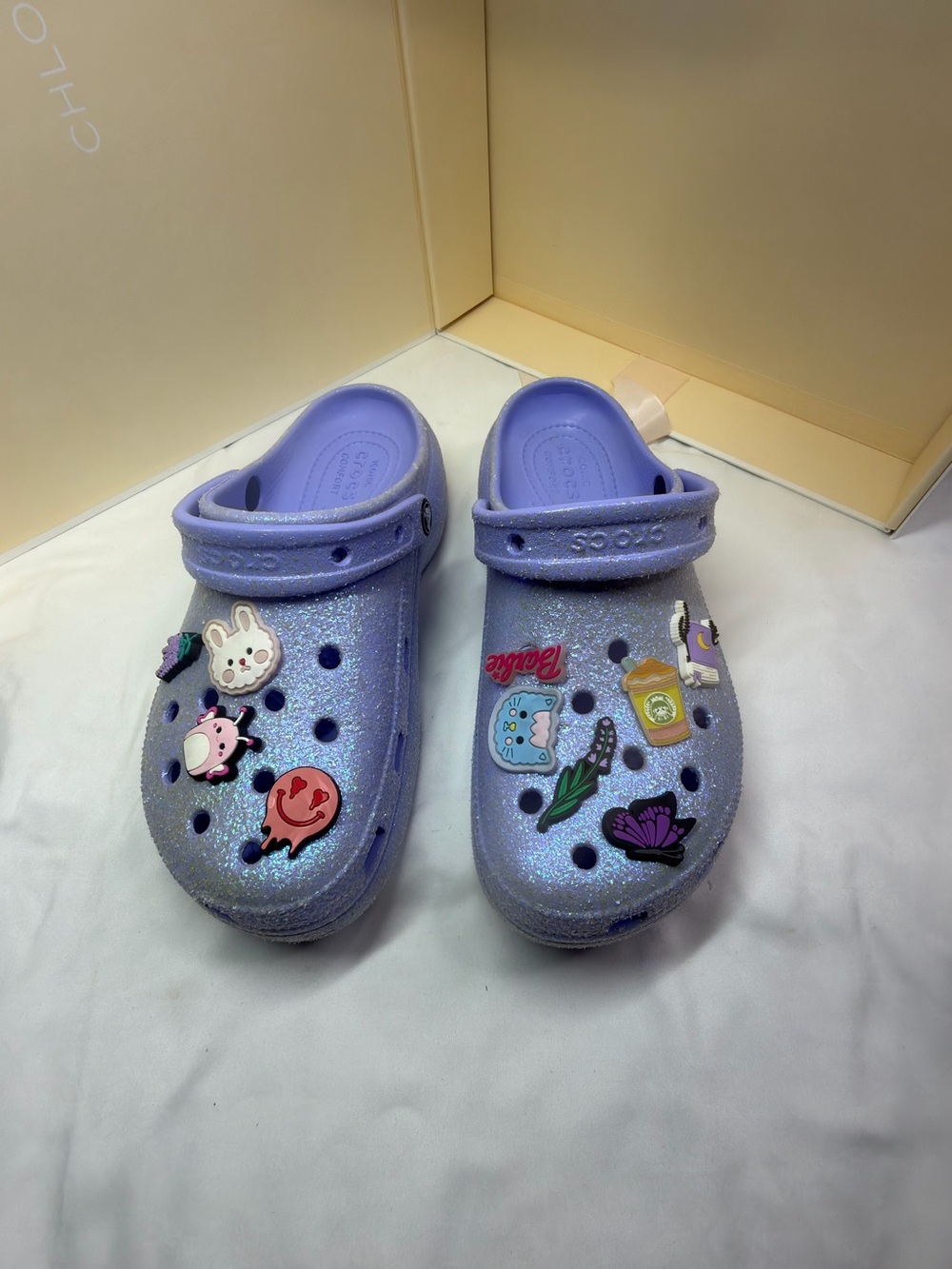 CROCS Glitter Platform Clogs in Lavender with Jibbitz